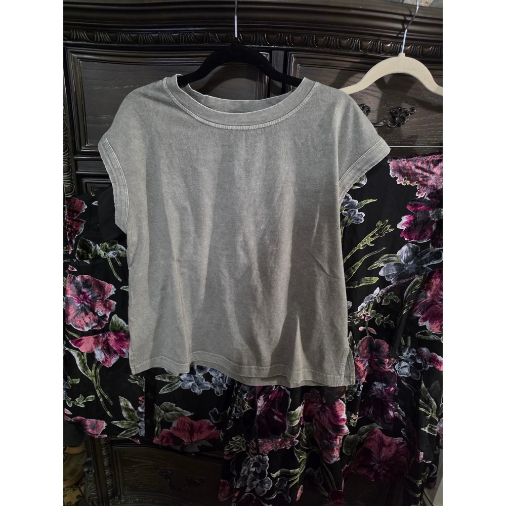 JOA Gray Acid Wash Cotton Cap Sleeve T-Shirt Crew Neck Top J6ST1070-T1 Small